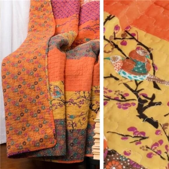 NEW Boho Orange Retro Bird Floral Throw Blanket Bedspread Bedding Quilt 50 x 60